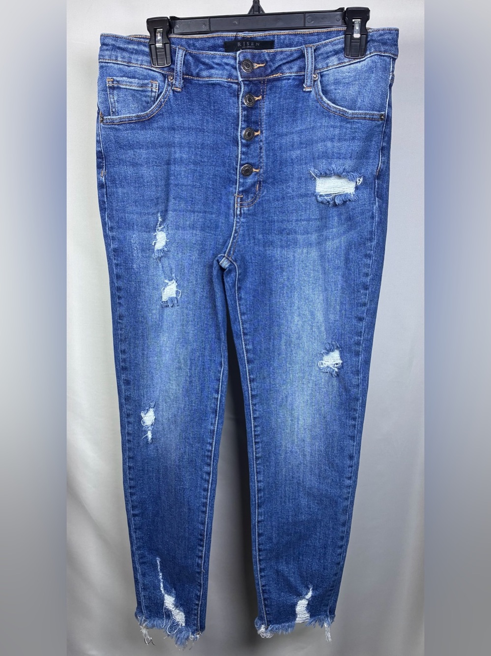 Women’s Risen Button-Fly Distressed Skinny Jeans in Medium Blue - Size 32 / 15